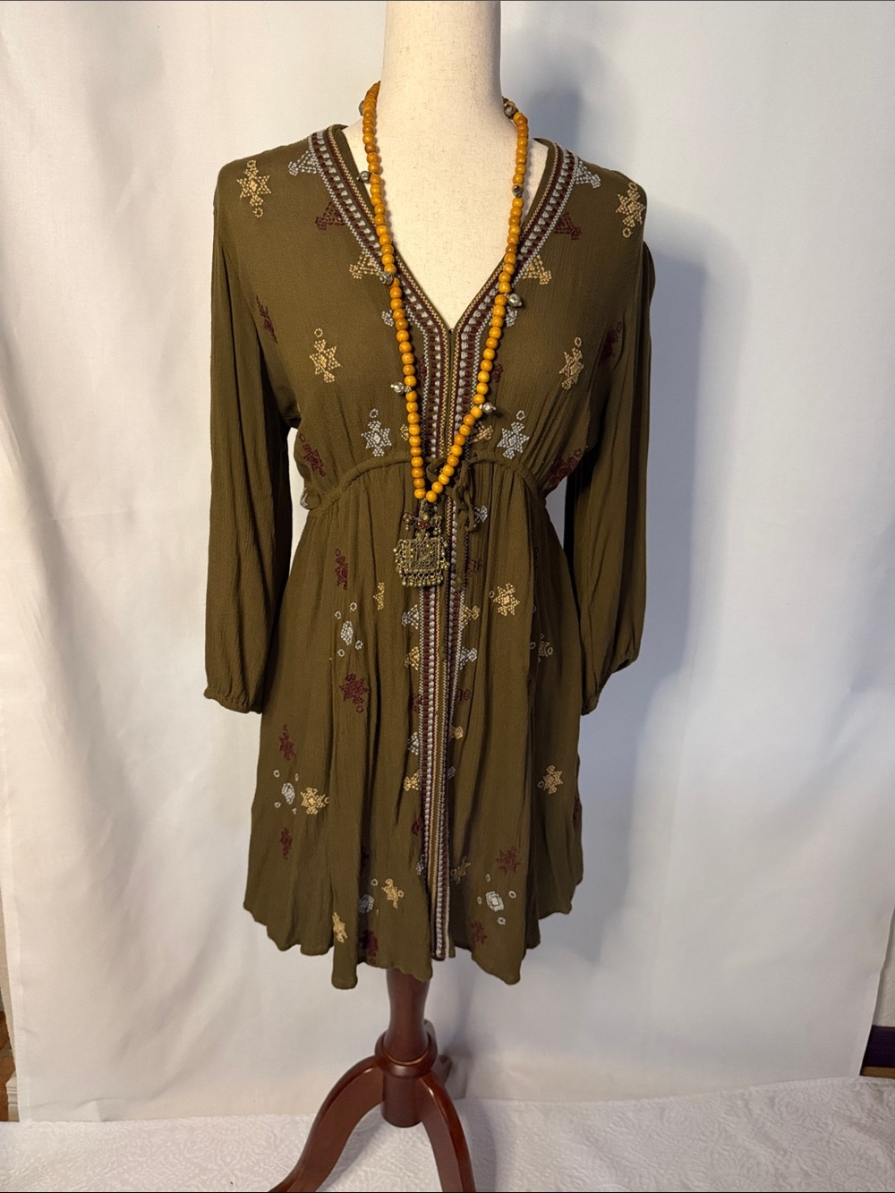 Free People Olive Green Embroidered Boho Mini Dress - Picture 2 of 9